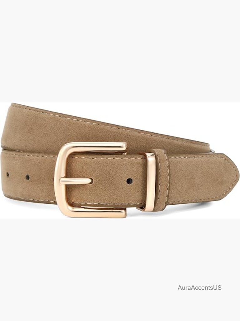 Women Suede Belt Chunky Gold Buckle 1.3" Wide Belt For Jeans Dresses